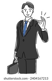 Job hunting man with OK sign hand drawing illustration, vector