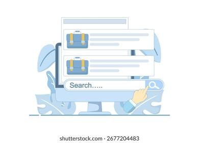 Conceito de site de caça ao trabalho com tela de computador e interface de pesquisa. Ilustração da plataforma de pesquisa de emprego on-line mostrando recrutamento digital, oportunidades de emprego e exploração da carreira.