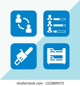 job icon. 4 job set with human resources data of job performance, collaboration, hotel and chainsaw vector icons for web and mobile app