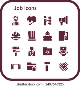 job icon set. 16 filled job icons.  Simple modern icons about  - Man, Helmet, Skills, Promotion, Hat, Worker, Folder, Paint roller, Businessman, Surgeon, Ladder, Hammer, Shake hands