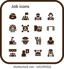 job icon set. 16 filled job icons. Included Hat, Goal, Worker, Firefighter, Uniform, User, Folder, Ladder, Policeman, Businessman, Salesman, Teamwork, Helmet, Stewardess icons