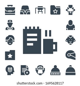 job icon set. 17 filled job icons.  Simple modern icons such as: Case, Doctor, Man, Work, Folder, Salesman, Helmet, Influence, Hat, Desk, Manipulator