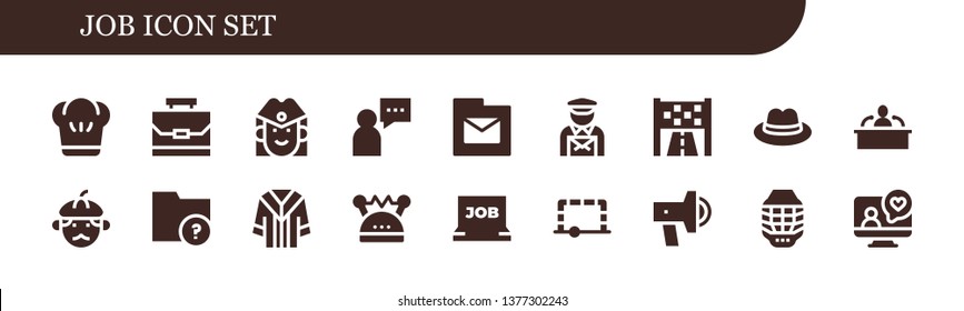 job icon set. 18 filled job icons.  Collection Of - Chef, Case, Stewardess, User, Folder, Postman, Goal, Hat, Interview, Man, Uniform, Helmet, Job search, Promotion, Videocall