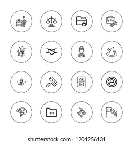 Job icon set. collection of 16 outline job icons with balance, briefcase, businessman, chef, doctor, folder, hat, id, handshake, helmet, leadership, nail gun icons.