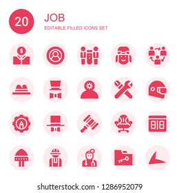 job icon set. Collection of 20 filled job icons included Economist, User, Teamwork, Pilot, Hat, Employee, Skills, Helmet, Resources, Hammer, Desk chair, Counter, Worker, Doctor