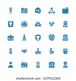 job icon set. Collection of 25 filled job icons included User, Team, Businesswoman, Folder, Man, Doctor, Broom, Handshake, Desk chair, Boss, Headgear, Briefcase, Barman, Hat, Worker