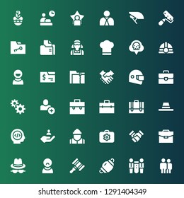 job icon set. Collection of 36 filled job icons included Coworkers, Teamwork, Dentist mask, Hammer, User, Hat, Portfolio, Handshake, Briefcase, Worker, Programmer, Add user, Management
