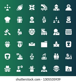 job icon set. Collection of 36 filled job icons included Folder, Man, Maid, Hat, Add user, Barman, Coworkers, Doctor, Worker, Headgear, Pharmacist, Desk, Counter, User, Roller