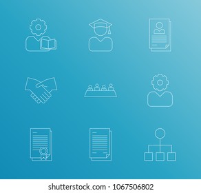 Job icon set and hr with job contract, organisational chart and meeting. Graduate man related job icon vector for web UI logo design.