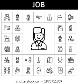 job icon set. line icon style. job related icons such as pilot, collar, contract, vest, suit and tie, employee, desk chair, skills, stewardess, folder, receptionist, driver