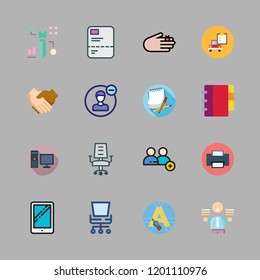 job icon set. vector set about printer, office chair, user and tablet icons set.