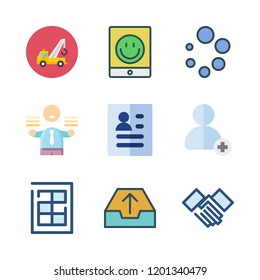 job icon set. vector set about tablet, curriculum, add user and handshake icons set.