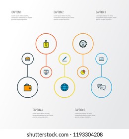 Job icons colored line set with cash, pen, bag and other pie chart elements. Isolated vector illustration job icons.