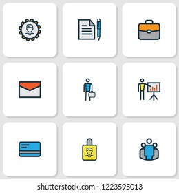 Job icons colored line set with bag, employee, contract and other identification document elements. Isolated vector illustration job icons.