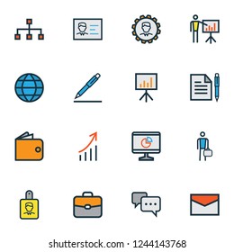 Job icons colored line set with cash, pen, financial data and other worker elements. Isolated vector illustration job icons.