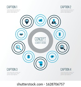 Job icons colored set with group, warning alarm, research and other register account elements. Isolated vector illustration job icons.