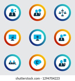 Job icons colored set with remove team, multitasking, brain work and other computer elements. Isolated vector illustration job icons.