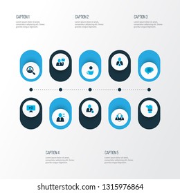 Job icons colored set with upward leveling, coffee break, search for workers and other tea time elements. Isolated vector illustration job icons.