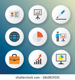 Job icons flat style set with briefcase, growing chart, contract and other presentation board elements. Isolated vector illustration job icons.