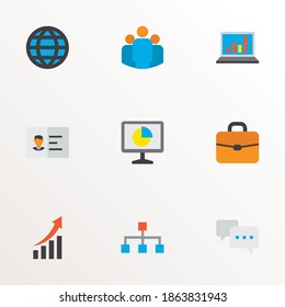 Job icons flat style set with world, statistics, structure and other hierarchy elements. Isolated vector illustration job icons.