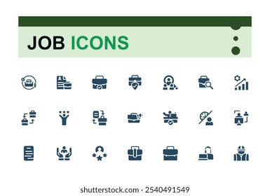 Job icons. Includes solid icons for recruitment, worker, team, job, meeting, work, person, contract. Collection for mobile and web apps. Vector filled icons Collection.