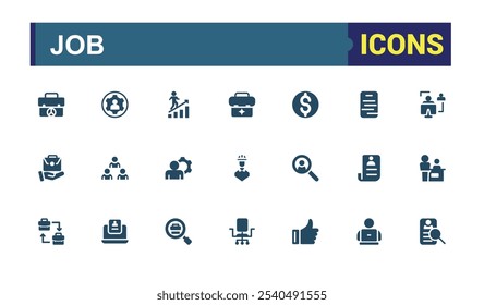Job icons. Includes solid icons for recruitment, worker, team, job, meeting, work, person, contract. Collection for mobile and web apps. Vector filled icons Collection.