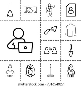 Job icons. set of 13 editable outline job icons such as casino girl, broom, man with laptop, trowel, resume, nurse, user communication, hairdresser peignoir, businessman