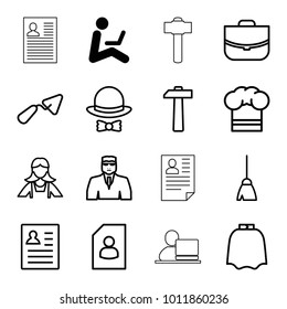 Job icons. set of 16 editable outline job icons such as man sitting with laptop, hairdresser peignoir, security guy, broom, maid, case, trowel, resume, chef hat, hat and bow