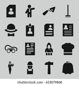 Job icons set. set of 16 job filled icons such as hairdresser peignoir, casino girl, broom, businessman, resume, trowel, worker, welding glasses, clipboard, chef hat