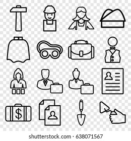 Job icons set. set of 16 job outline icons such as hairdresser peignoir, casino girl, money case, maid, resume, worker, trowel, welding glasses, camera case, waiter, chef hat