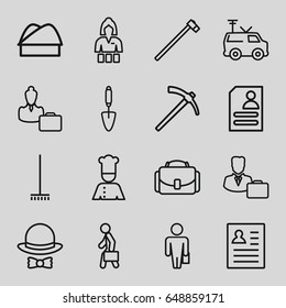 Job icons set. set of 16 job outline icons such as casino girl, broom, trowel, garden hammer, resume, tv van, man with case, camera case, chef, chef hat, hat and bow