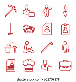 Job icons set. set of 16 job outline icons such as broom, businessman, case, welding glasses, trowel, garden hammer, resume, clipboard, man sleeping on table