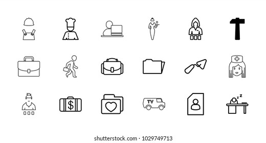 Job icons. set of 18 editable outline job icons: hammer, casino girl, money case, trowel, resume, folder with heart, folder, man sleeping on table, camera case, chef