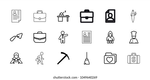 Job icons. set of 18 editable outline job icons: hammer, casino girl, broom, maid, businessman, case, trowel, folder with heart, man sleeping on table, chef, money case