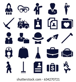 Job icons set. set of 25 job filled icons such as hairdresser peignoir, casino girl, money case, broom, maid, businessman, case, resume, trowel, welding glasses, garden hammer