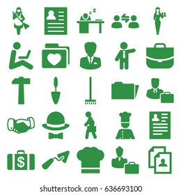 Job icons set. set of 25 job filled icons such as money case, casino girl, broom, maid, businessman, handshake, resume, case, trowel, folder with heart, folder