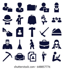 Job icons set. set of 25 job filled icons such as hairdresser peignoir, security guy, casino girl, broom, maid, businessman, case, resume, man with laptop, worker, trowel