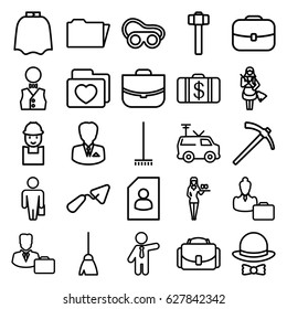 Job icons set. set of 25 job outline icons such as hairdresser peignoir, Money case, Casino girl, broom, maid, businessman, case, trowel, worker, welding glasses
