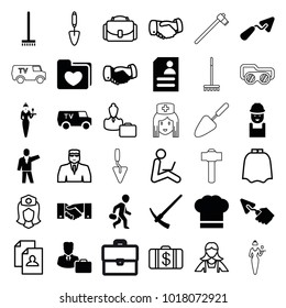 Job icons. set of 36 editable filled and outline job icons such as broom, handshake, trowel, worker, resume, male consultant   with case, chef hat, hammer