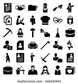 Job icons set. set of 36 job filled icons such as casino girl, security guy, broom, maid, businessman, handshake, resume, case, man with laptop, trowel, worker