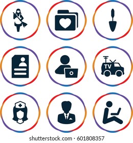 job icons set. Set of 9 job filled icons such as maid, man with laptop, trowel, resume, nurse, folder with heart, TV van, businessman