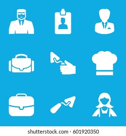 job icons set. Set of 9 job filled icons such as security guy, maid, trowel, clipboard, camera case, chef hat, businessman