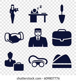 Job icons set. set of 9 job filled icons such as security guy, Casino girl, handshake, welding glasses, trowel, man sleeping on table, woman consultant with case, chef hat