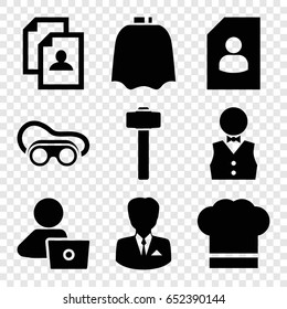 Job icons set. set of 9 job filled icons such as hairdresser peignoir, resume, man with laptop, welding glasses, garden hammer, waiter, chef hat