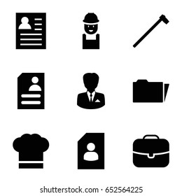 Job icons set. set of 9 job filled icons such as worker, garden hammer, resume, folder, chef hat, businessman