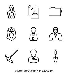 Job icons set. set of 9 job outline icons such as casino girl, security guy, resume, trowel, nurse, folder, waiter, businessman