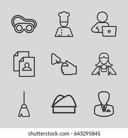 Job icons set. set of 9 job outline icons such as broom, maid, resume, man with laptop, trowel, welding glasses, chef, chef hat