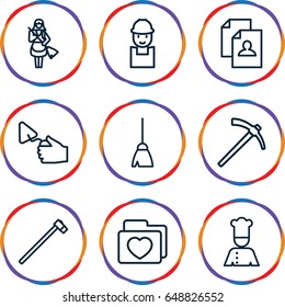 Job icons set. set of 9 job outline icons such as broom, maid, resume, worker, trowel, garden hammer, folder with heart, chef