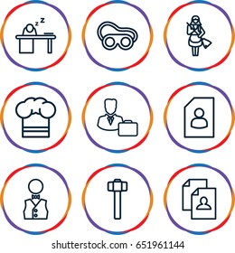 Job icons set. set of 9 job outline icons such as maid, resume, welding glasses, garden hammer, man sleeping on table, male consultant   with case, waiter