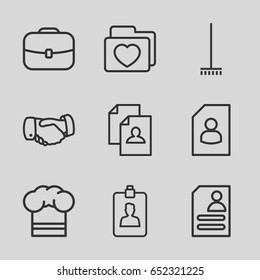 Job icons set. set of 9 job outline icons such as broom, handshake, resume, folder with heart, clipboard, chef hat